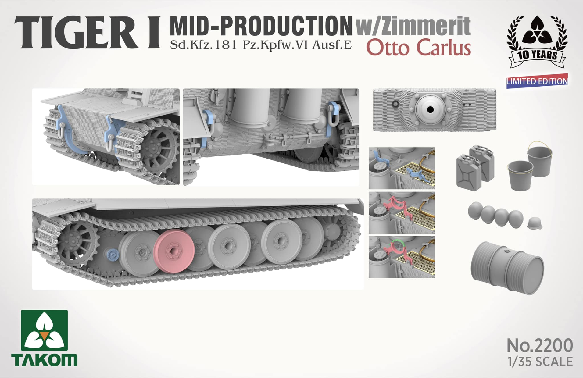 Tiger I Mid-Production With Zimmerit Sd.Kfz.181 Pz.Kpfw.VI Ausf.E Otto  Carius (Limited Edition) Takom 2200